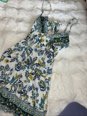 Angie White Floral Mini Dress with Blue & Green Accents